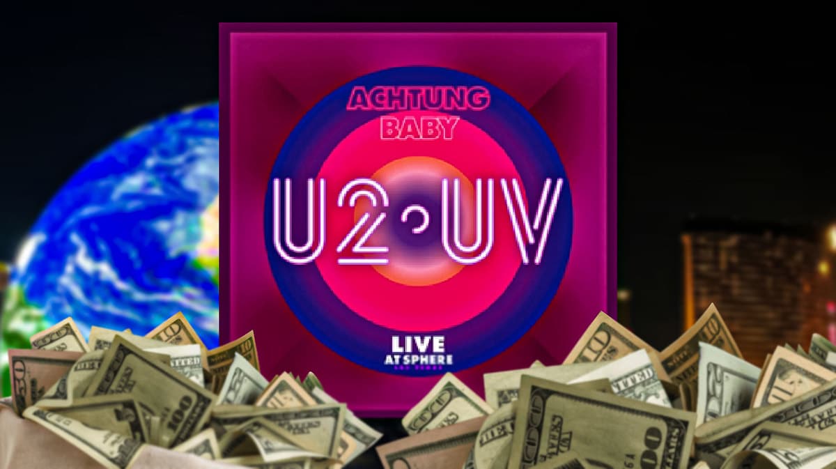 U2:UV Achtung Baby Live at Sphere logo with Sphere background and money on thumbnail.