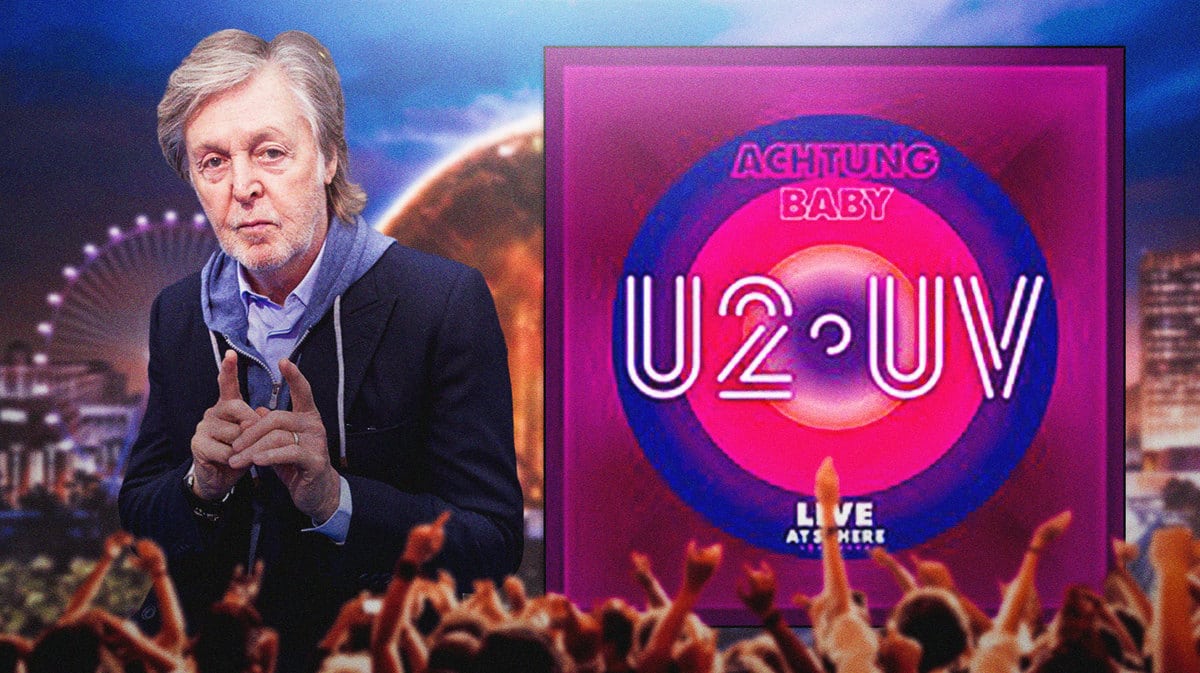 Paul McCartney next to U2:UV logo and Sphere background.
