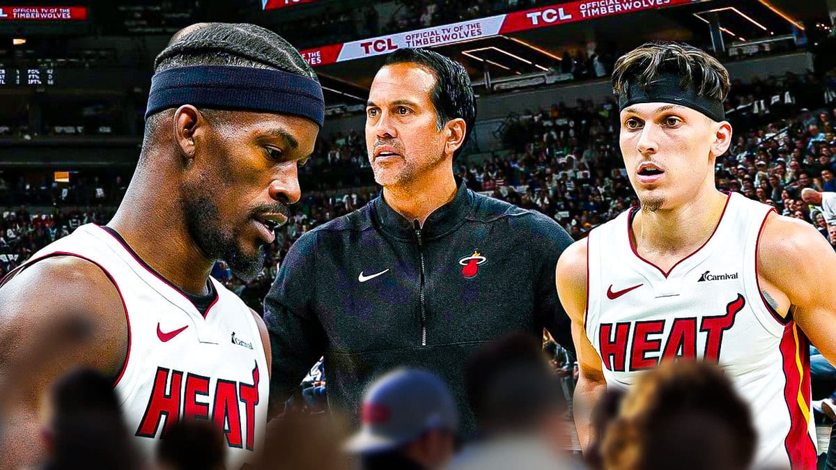 Miami Heat's Jimmy Butler, Erik Spoelstra, and Tyler Herro in front of the Kaseya Center.