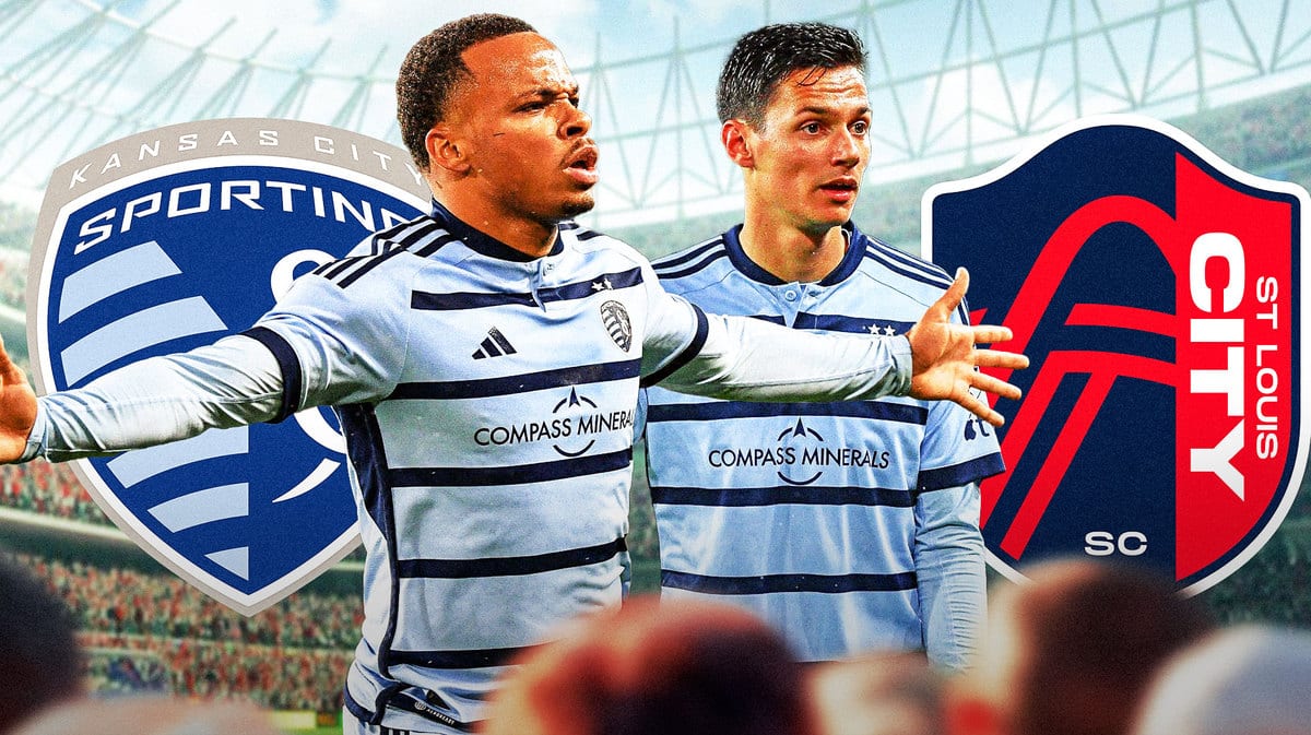 Logan Ndenbe and Daniel Salloi in front of the Sporting Kansas City and St. Louis City logos MLS