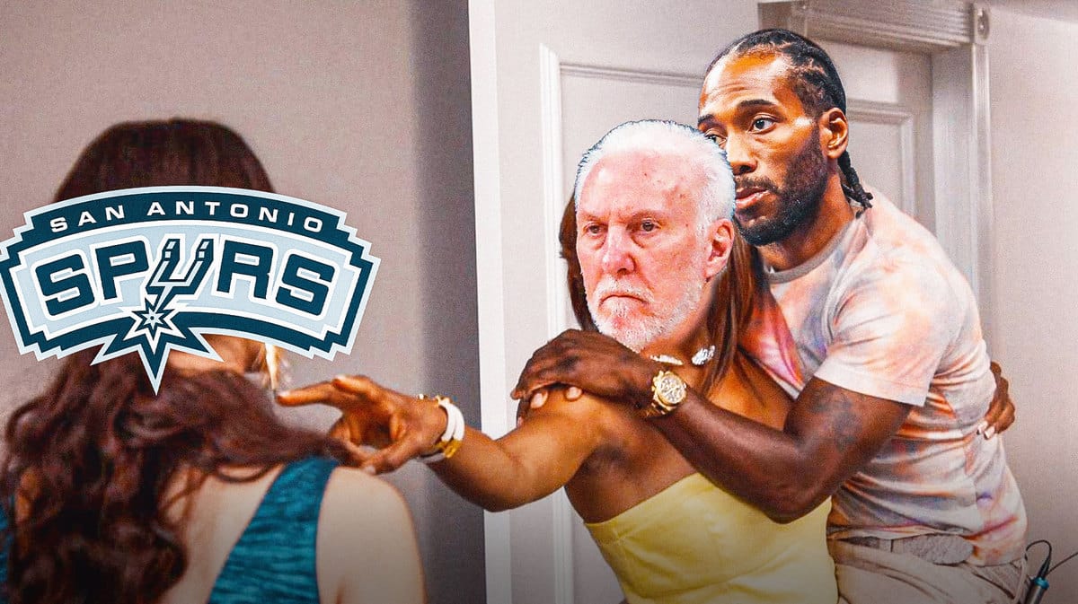 Spurs' Gregg Popovich as the woman in yellow, Kawhi Leonard as Kevin Hart, Spurs logo on the head of the other woman