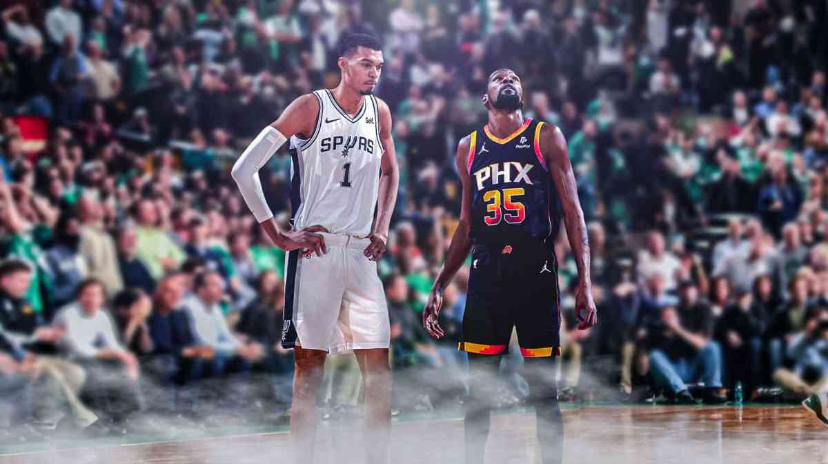 Spurs, Suns, Kevin Durant, Victor Wembanyama, San Antonio, Victor Wembanyama (in Spurs uni) and Kevin Durant (in Suns uni) with Spurs arena in the background