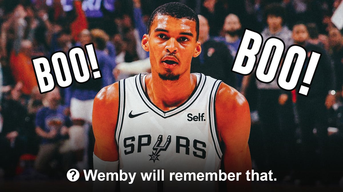 Spurs' Victor Wembanyama looking sad, with Madison Square Garden crowd booing him, with “Wemby will remember that” below Wembanyama