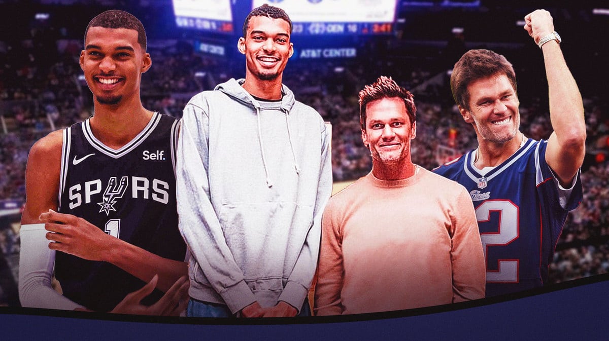 Spurs' Victor Wembanyama smiling, with Tom Brady celebrating, pic of Wemby and Brady together in the middle