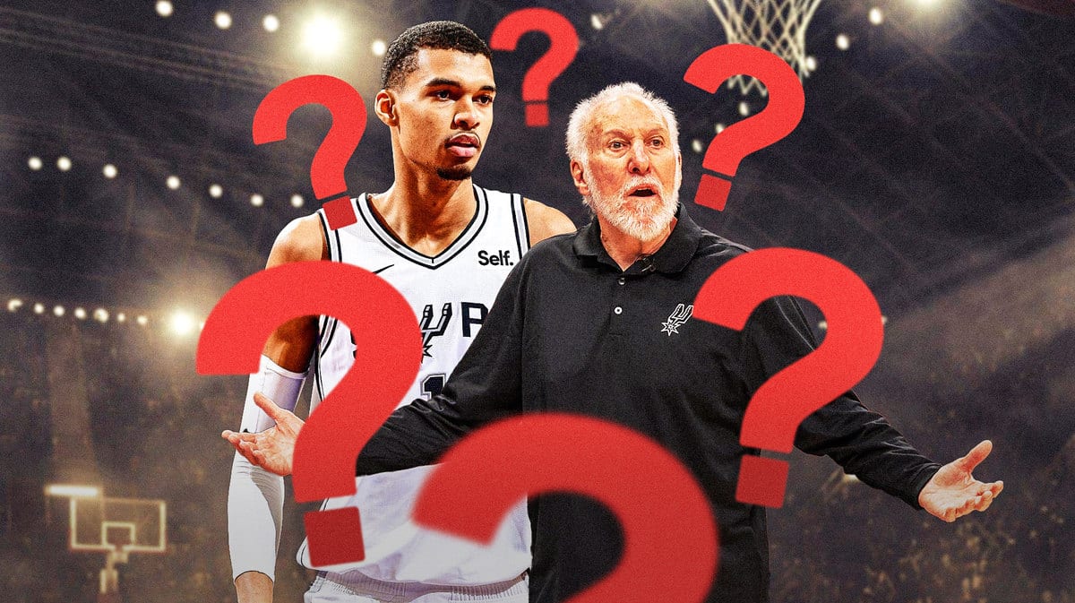 Spurs' Victor Wembanyama and Gregg Popovich with several question marks above their heads