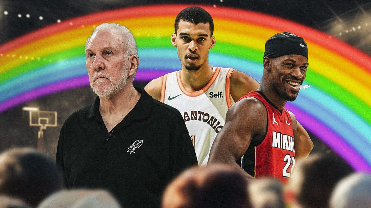 Spurs HC Gregg Popovich, Victor Wembanyama, Heat Jimmy Butler laughing