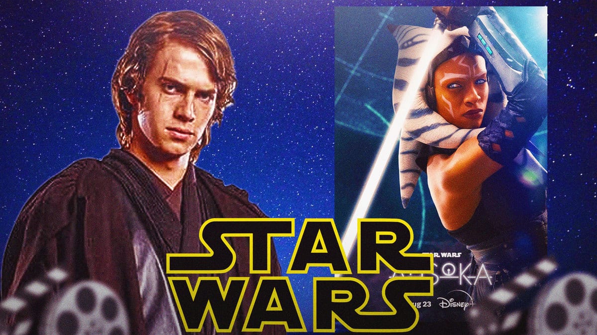Hayden Christensen as Anakin Skywalker, Ahsoka poster behind Star Wars logo.