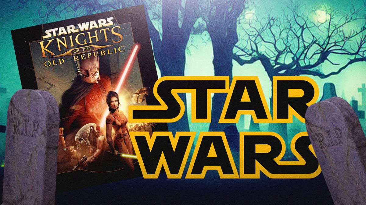 Star Wars logo and Knights of the Old Republic cover in graveyeard.