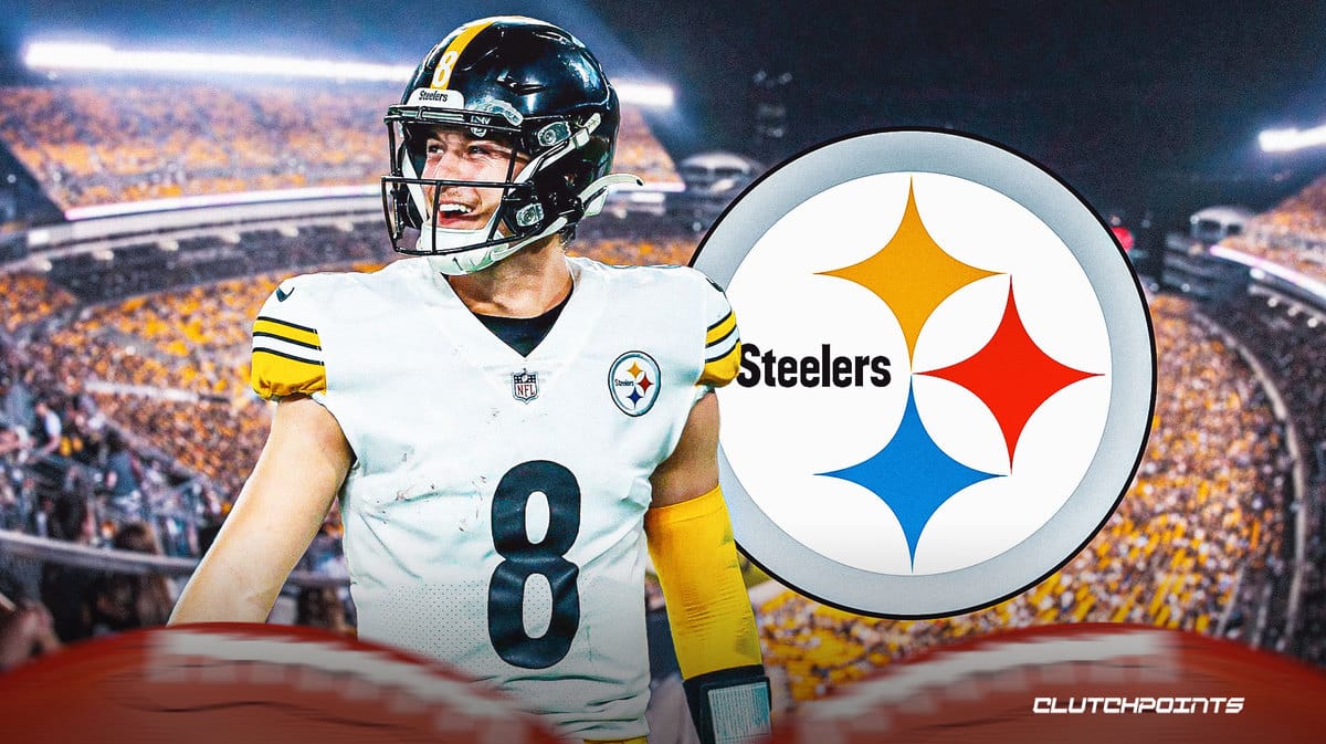 Steelers' Kenny Pickett smiling with the team logo behind him