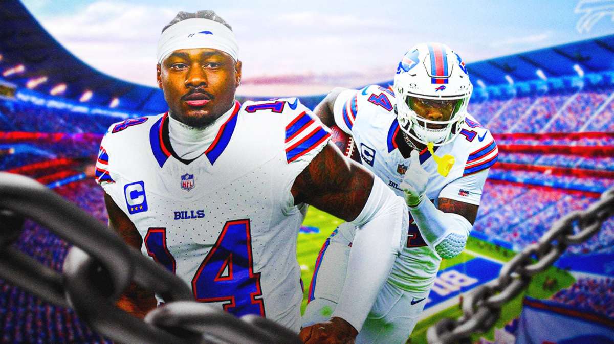 Bills receiver Stefon Diggs in the foreground, with images on the left and the right.