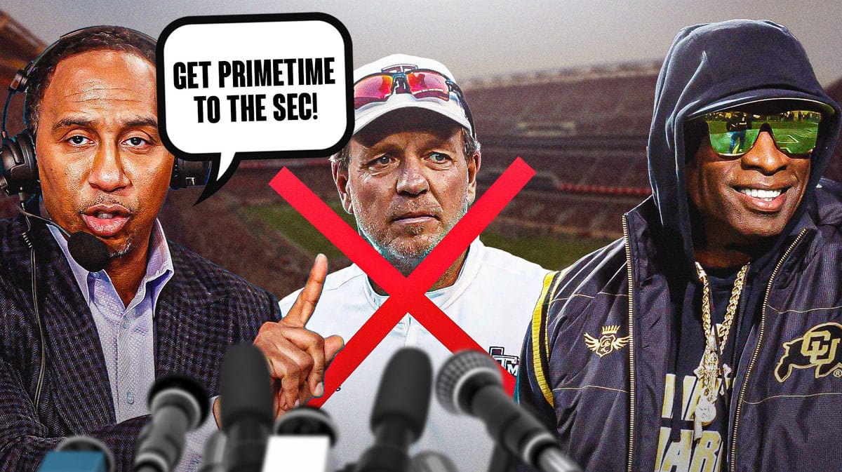 Stephen A. Smith “Get Primetime to the SEC!”, Deion Sanders smiling in Colorado football gear, Jimbo Fisher with an X through in Texas A&M football gear