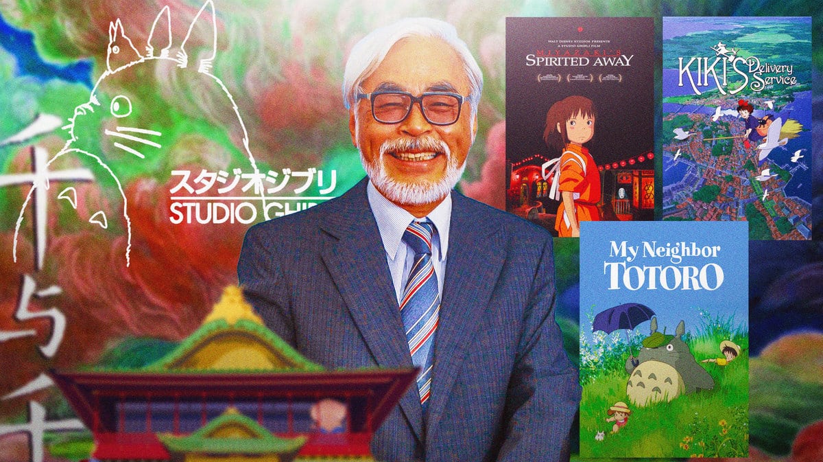 Hayao Miyazaki with Studio Ghibli logo and posters of Spirited Away, Kiki's Delivery Service, and My Neighbor Totoro.