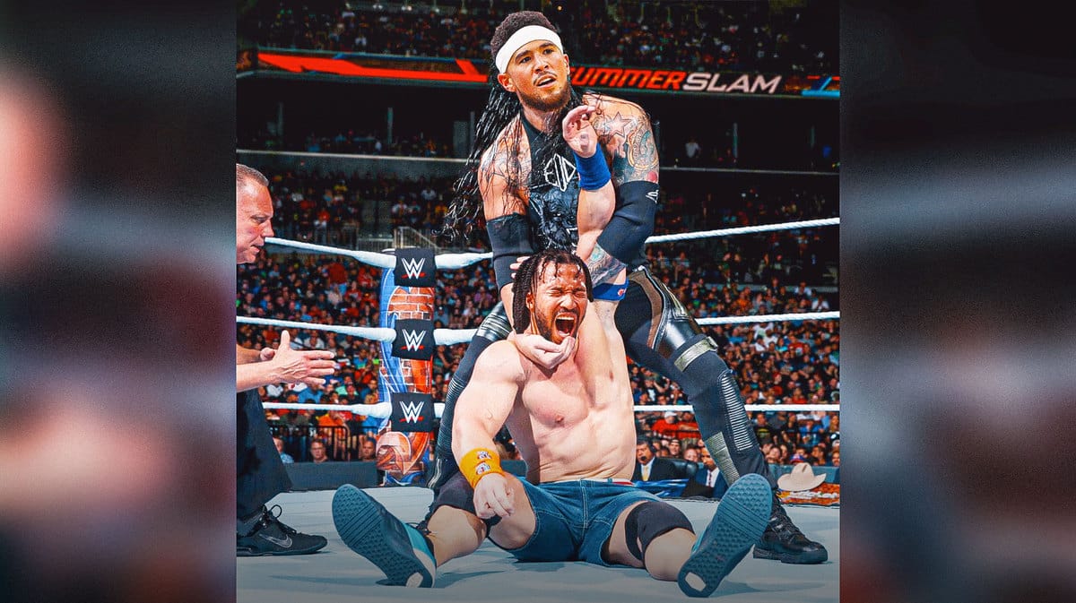 Devin Booker of the Suns and Jalen Brunson of the Knicks as wrestlers
