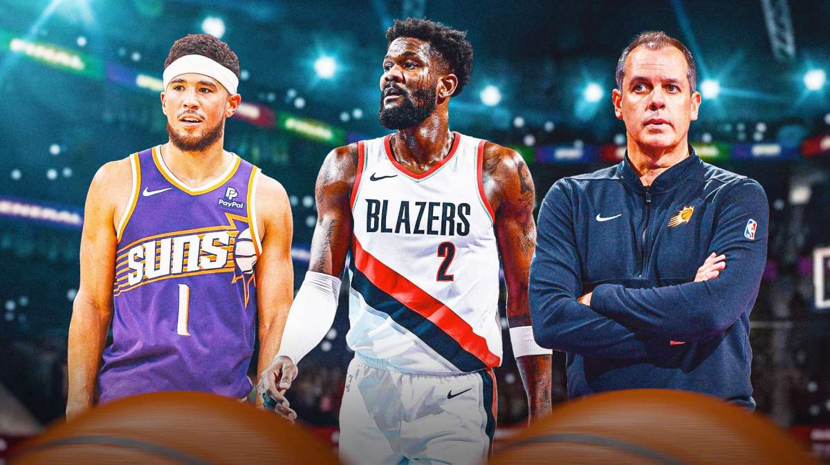 Suns Devin Booker and Frank Vogel with Blazers DeAndre Ayton