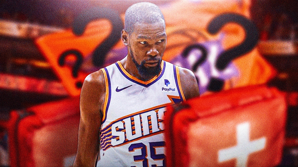 Kevin Durant with question marks and red medical bag