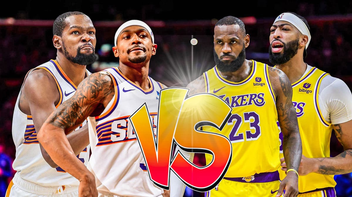 Suns' Kevin Durant and Bradley Beal hyped up with a VS sign between them and the Lakers' duo of LeBron James and Anthony Davis