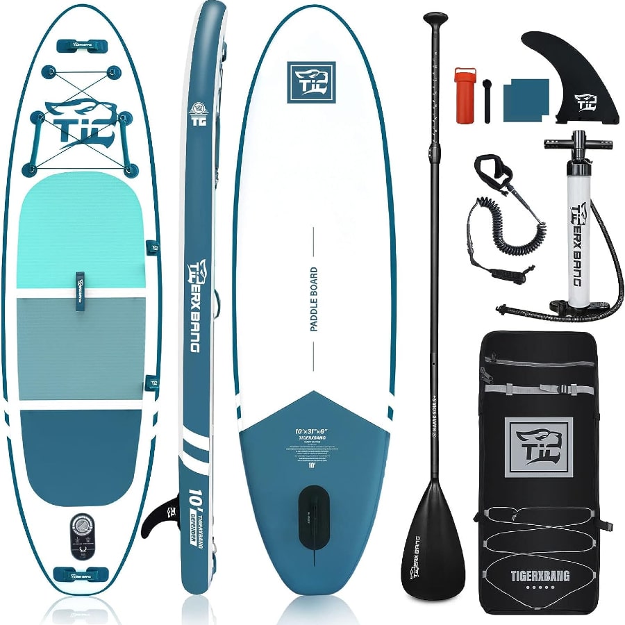 TIGERXBANG Inflatable Stand Up Paddle Board 10' - Blue color on a white background.