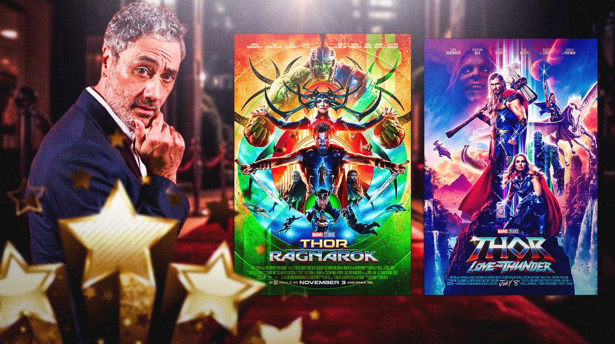 Taika Waititi next to MCU posters for Thor: Ragnarok and Love and Thunder.