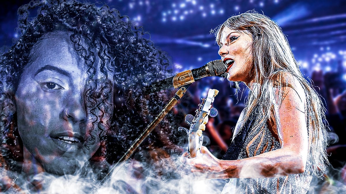 Taylor Swift on stage and a photo of the fan who died behind her