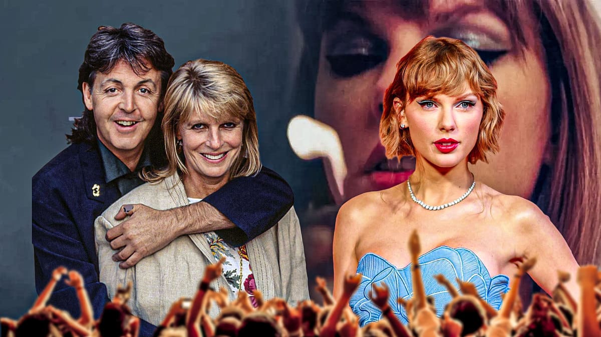 Paul McCartney and Linda McCartney with Tayor Swift and Midnights album cover background.