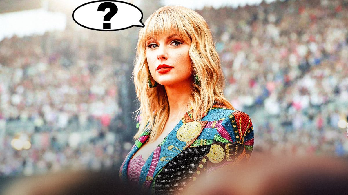 Taylor Swift on stage with a thinking bubble with a question mark
