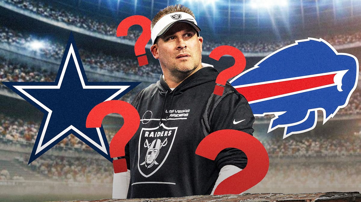 Raiders Josh McDaniels with Cowboys logo, Bills logo, Question mark