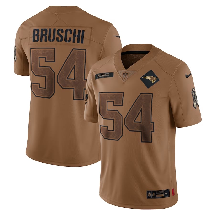 Tedy Bruschi New England Patriots Nike 2023 Salute To Service Retired Player Limited Jersey - Brown color on a white background.