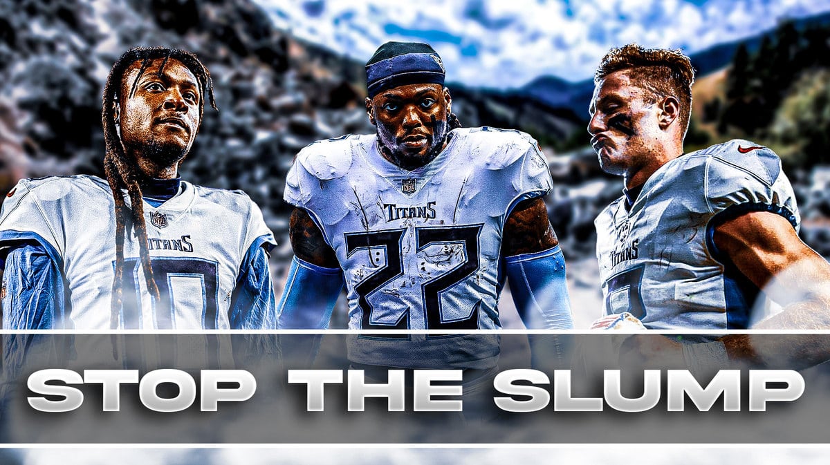 Will Levis, Derrick Henry, DeAndre Hopkins all beside each other with a rockslide in the background.