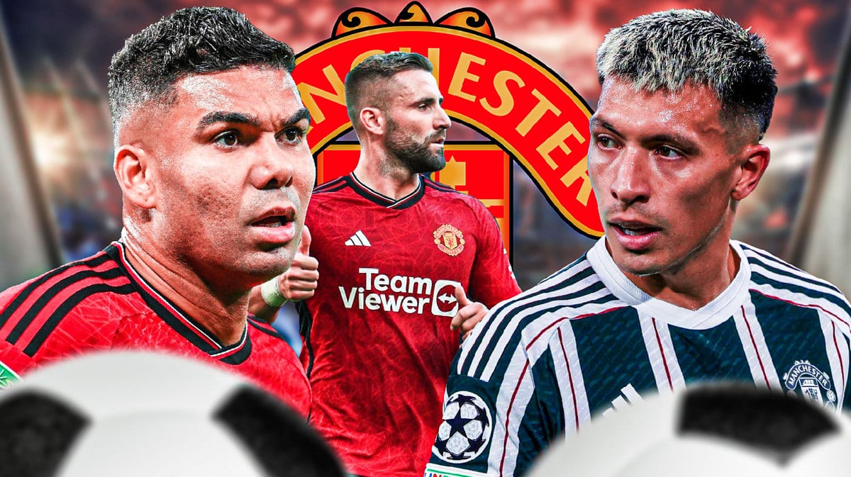 Casemiro, Luke Shaw and Lisandro Martinez in front of the Manchester United logo