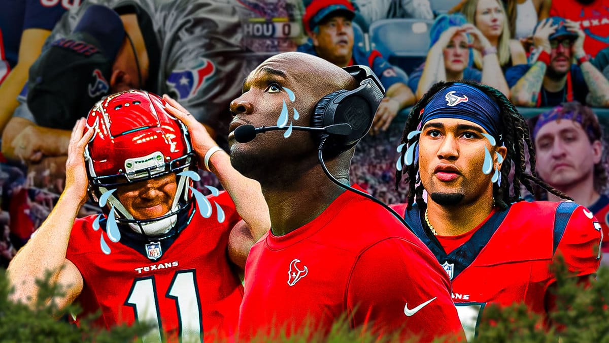 CJ Stroud, Matt Ammendola, Coach DeMeco Ryans all with tear emojis 💧 and with crying Houston Texans fans in the background.