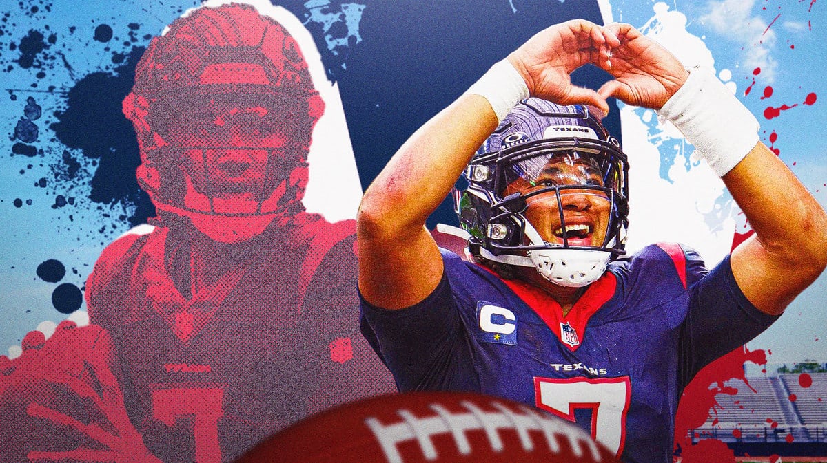 Houston Texans quaterback C.J. Stroud in front of the colors of the team.