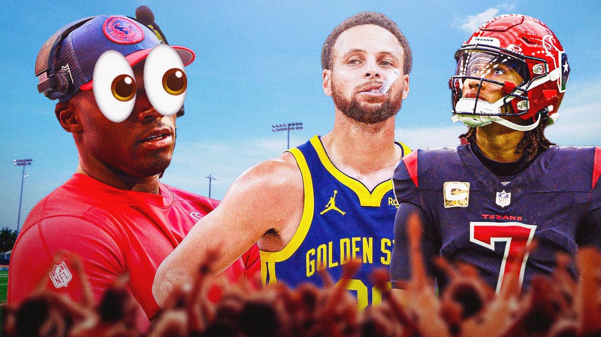 DeMeco Ryans with big emoji eyes looking at CJ Stroud and Stephen Curry