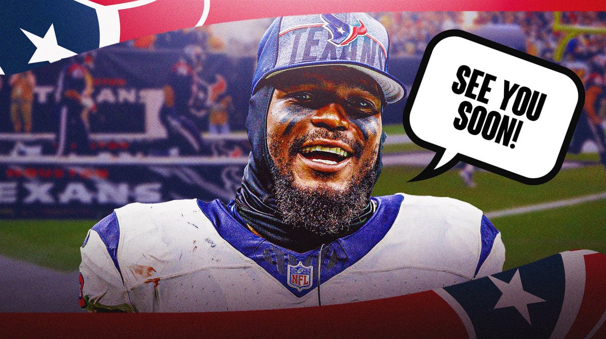 Houston Texans linebacker Denzel Perryman and speech bubble “See You Soon!”