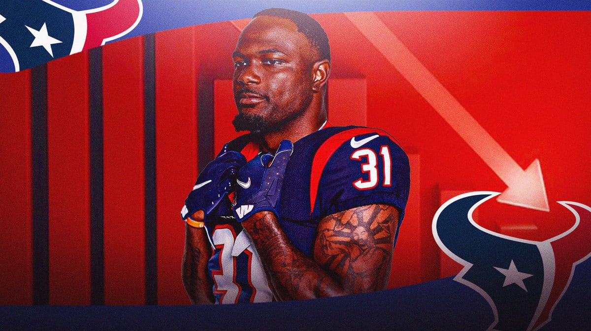 Houston Texans RB Dameon Pierce and an image of a graph trending down to signify wrong direction