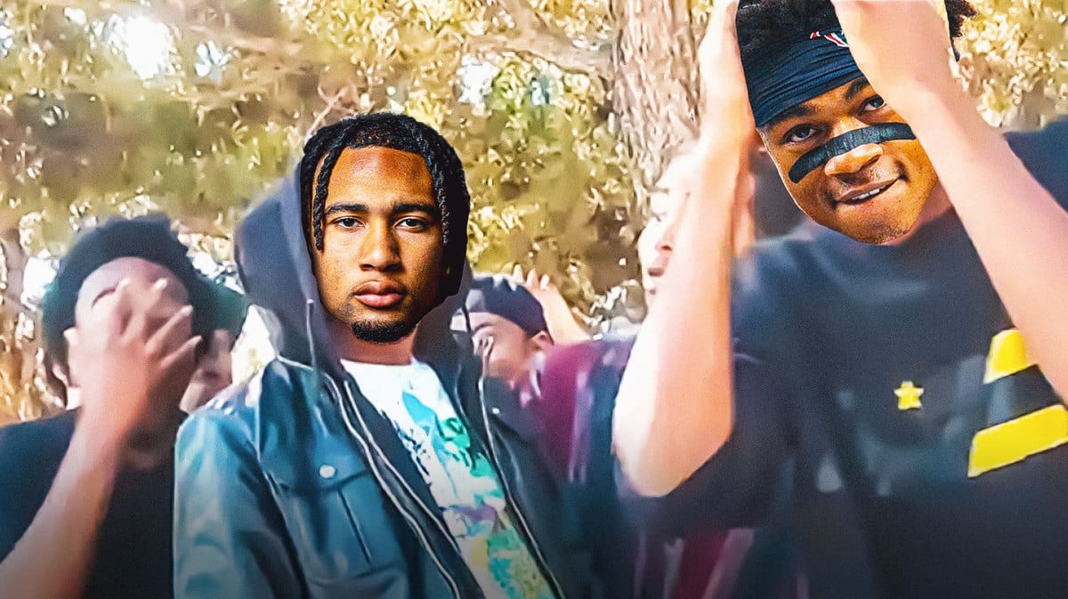 CJ Stroud of the Texans as the guy in the hoodie and Tank Dell as the guy on the right with hands on face