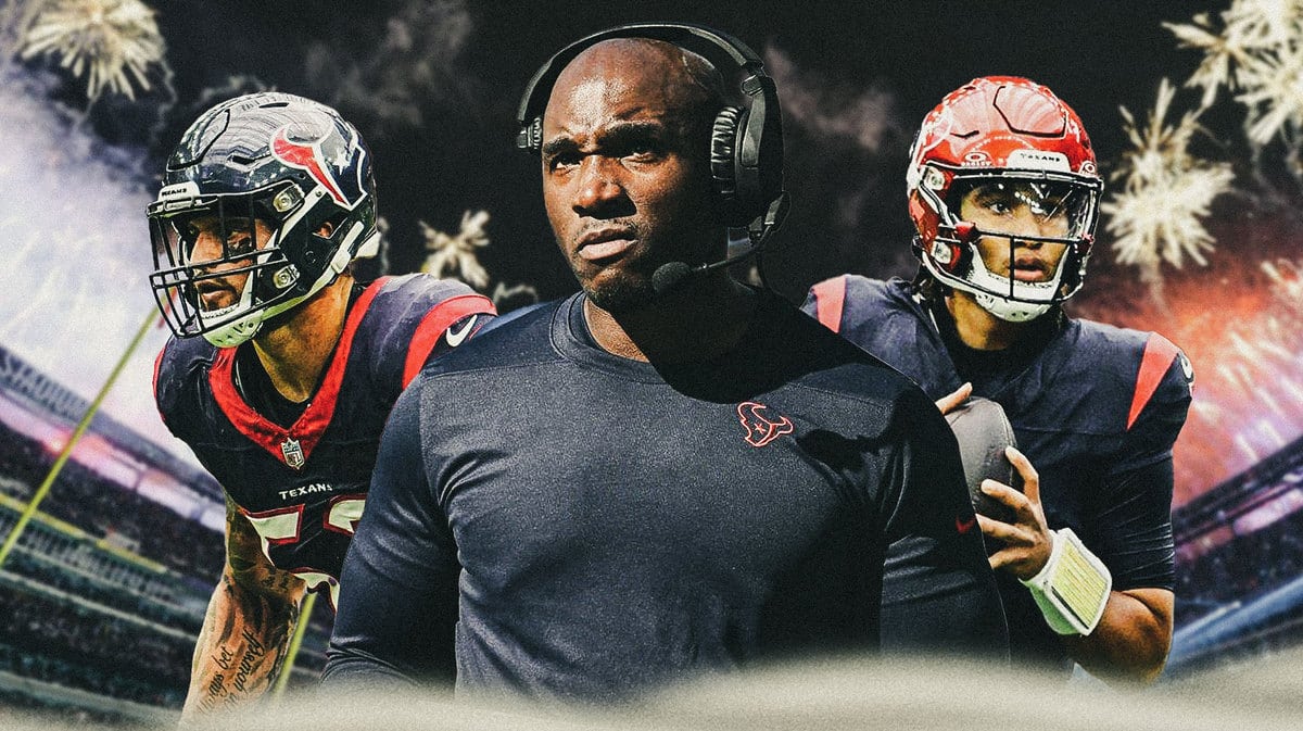 Coach DeMeco Ryans, CJ Stroud, Blake Cashman beside each other, with fireworkes in the background.