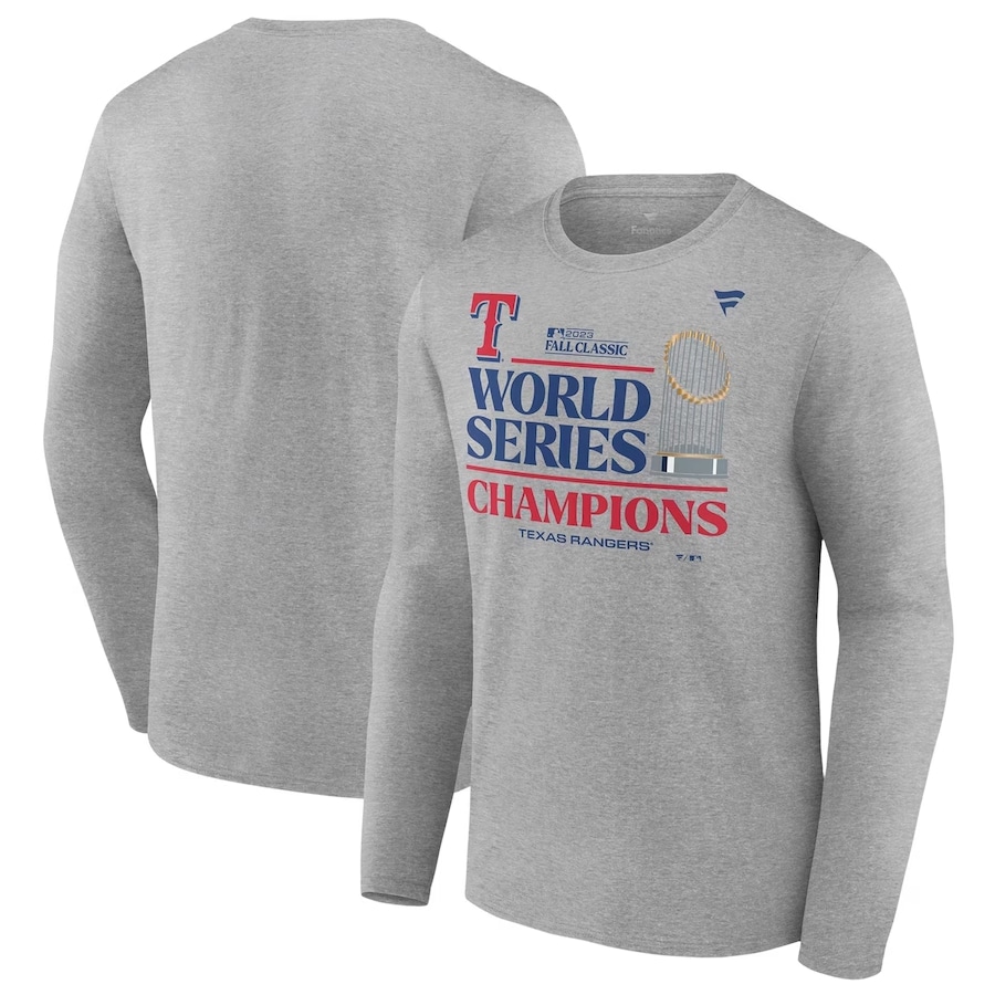 Texas Rangers Fanatics Branded 2023 World Series Champions Locker Room Long Sleeve T-Shirt - Heather Gray color on a white background.