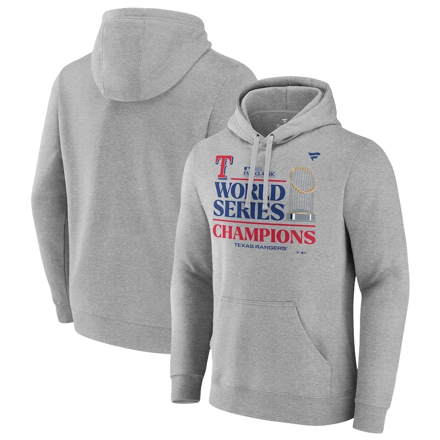 Texas Rangers Fanatics Branded 2023 World Series Champions Locker Room Pullover Hoodie - Heather Gray colored on a white background.
