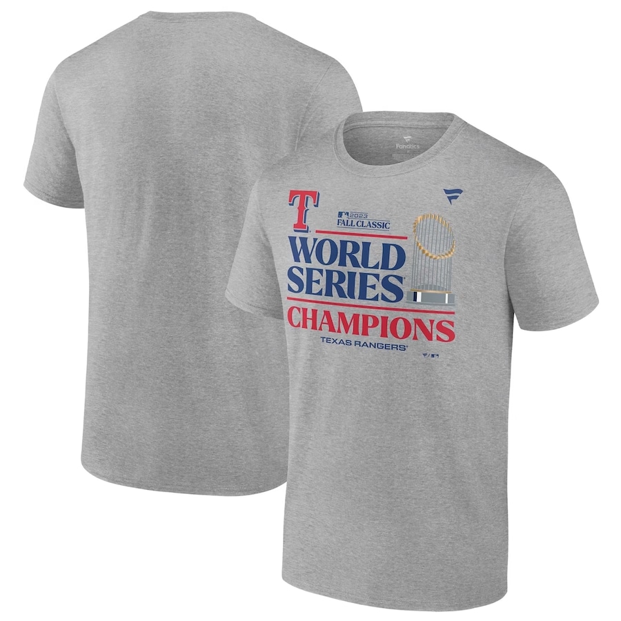 Texas Rangers Fanatics Branded 2023 World Series Champions Locker Room T-Shirt - Heather Gray color on a white background.