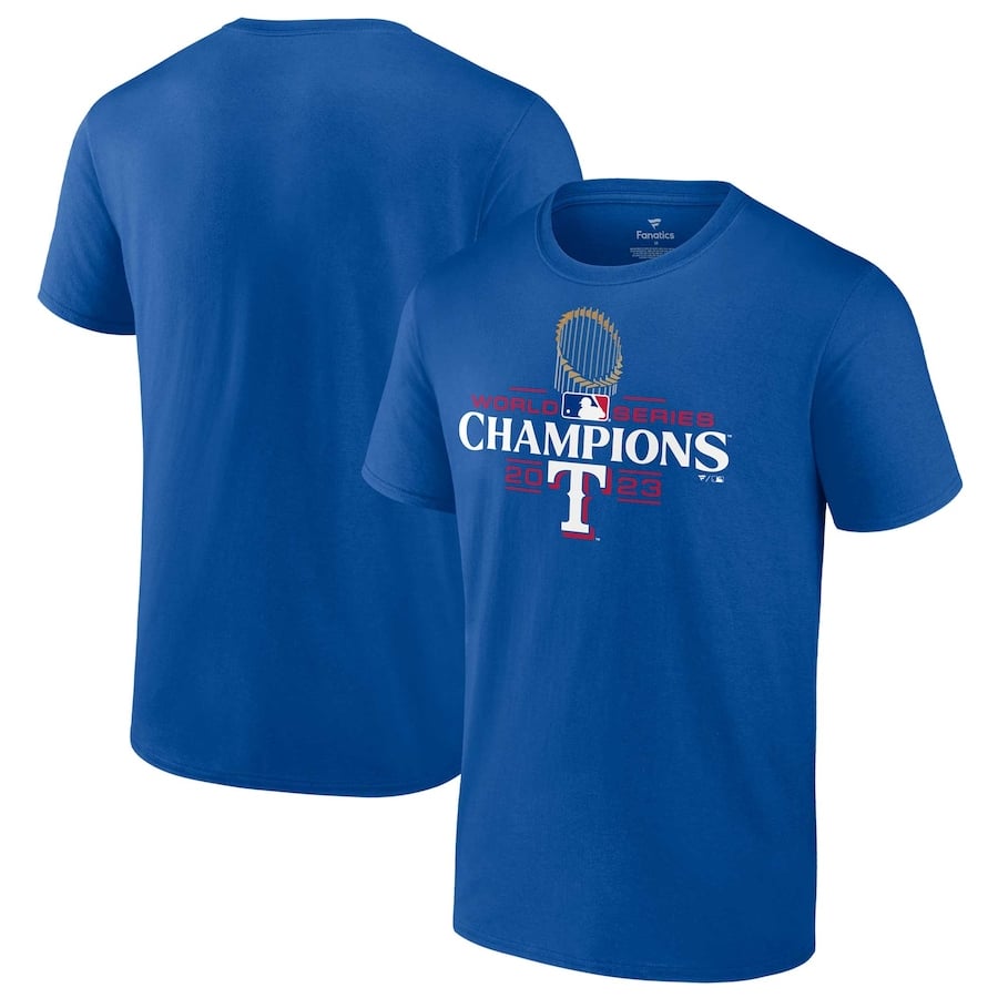 Texas Rangers Fanatics Branded 2023 World Series Champions Official Logo T-Shirt - Royal  colored on a white background.