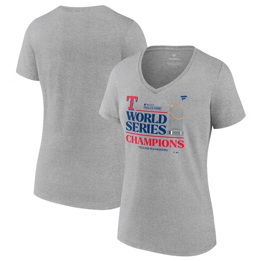 Texas Rangers Fanatics Branded Women's 2023 World Series Champions Locker Room V-Neck T-Shirt - Heather Gray  color on a white background.