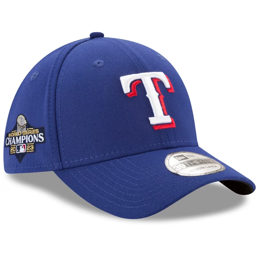 Texas Rangers New Era 2023 World Series Champions 39THIRTY Flex Hat - Royal colored on a white background.