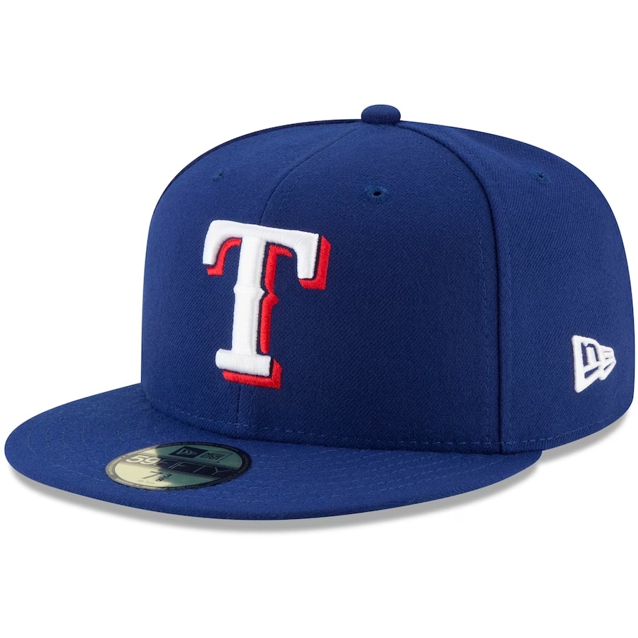 Texas Rangers New Era 2023 World Series Champions 59FIFTY Fitted Hat - Royal color on a white background.