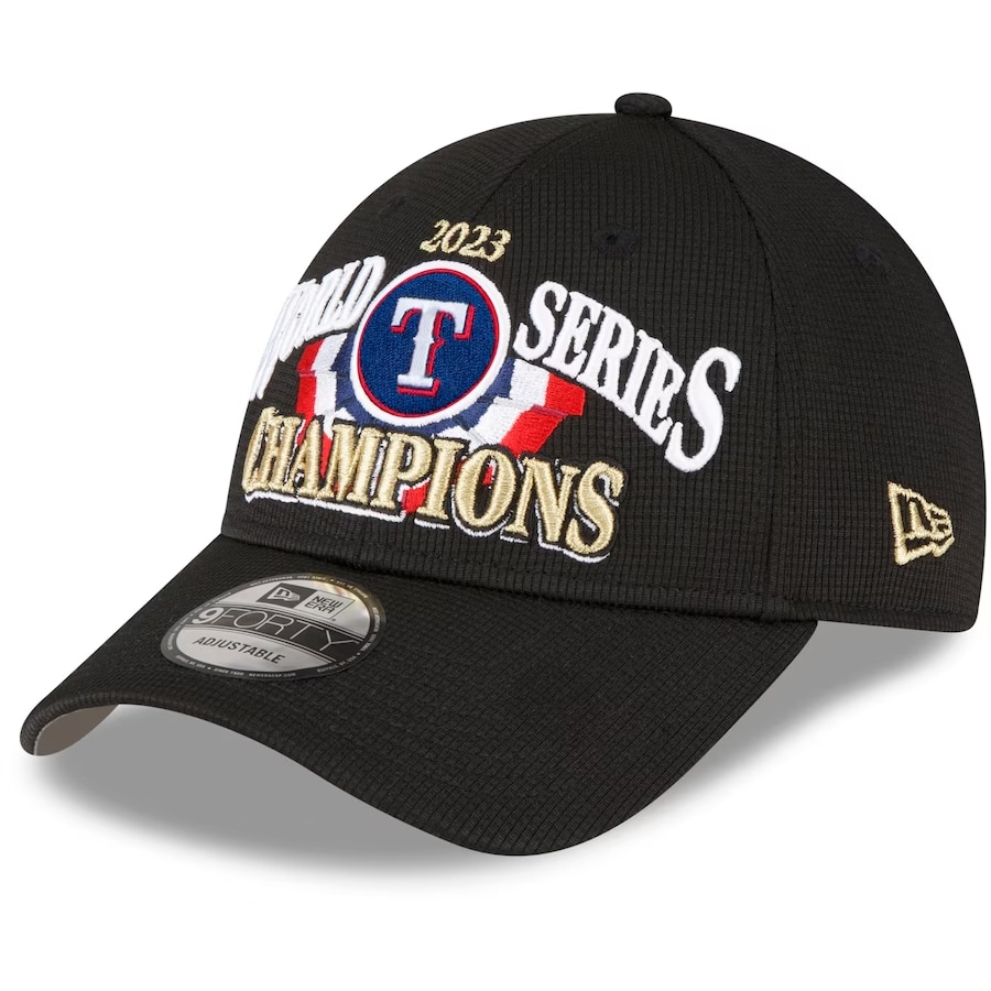 Texas Rangers New Era 2023 World Series Champions Locker Room 9FORTY Adjustable Hat - Black colored on a white background.