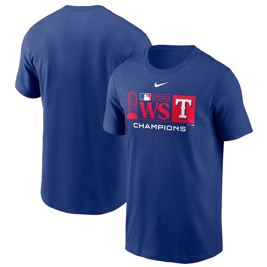 Texas Rangers Nike 2023 World Series Champions Trophy Lock Up T-Shirt - Royal colored on a white background.