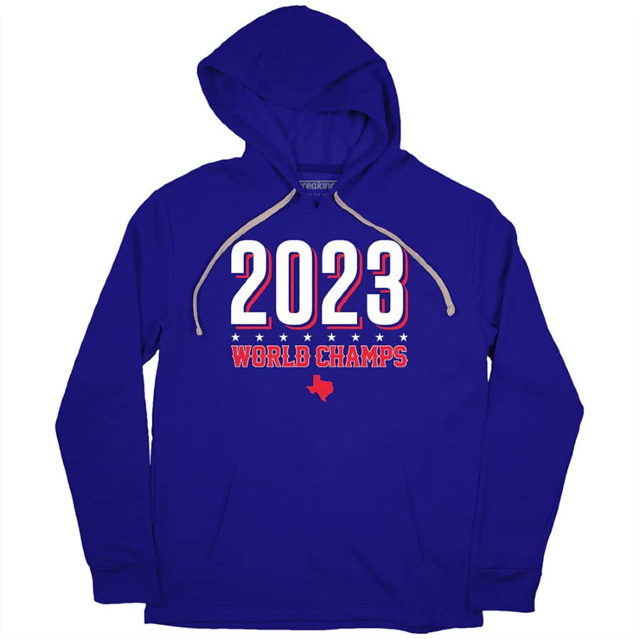 Texas World Champions Banner Hoodie - Royal Blue on a white background.