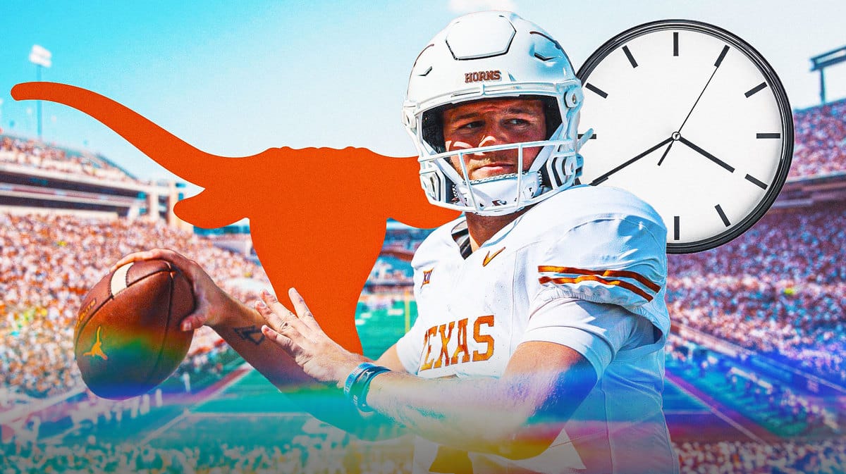 Quinn Ewers with Texas Longhorns logo and a clock