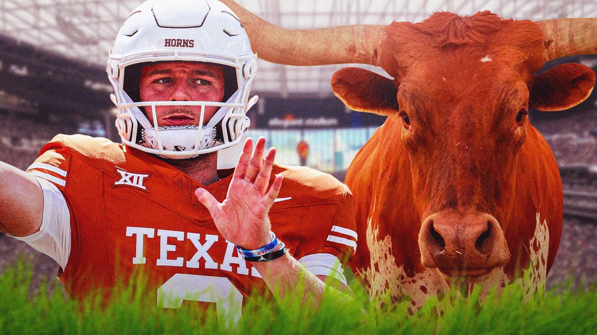 Texas football's Quinn Ewers next to a real Longhorn bull