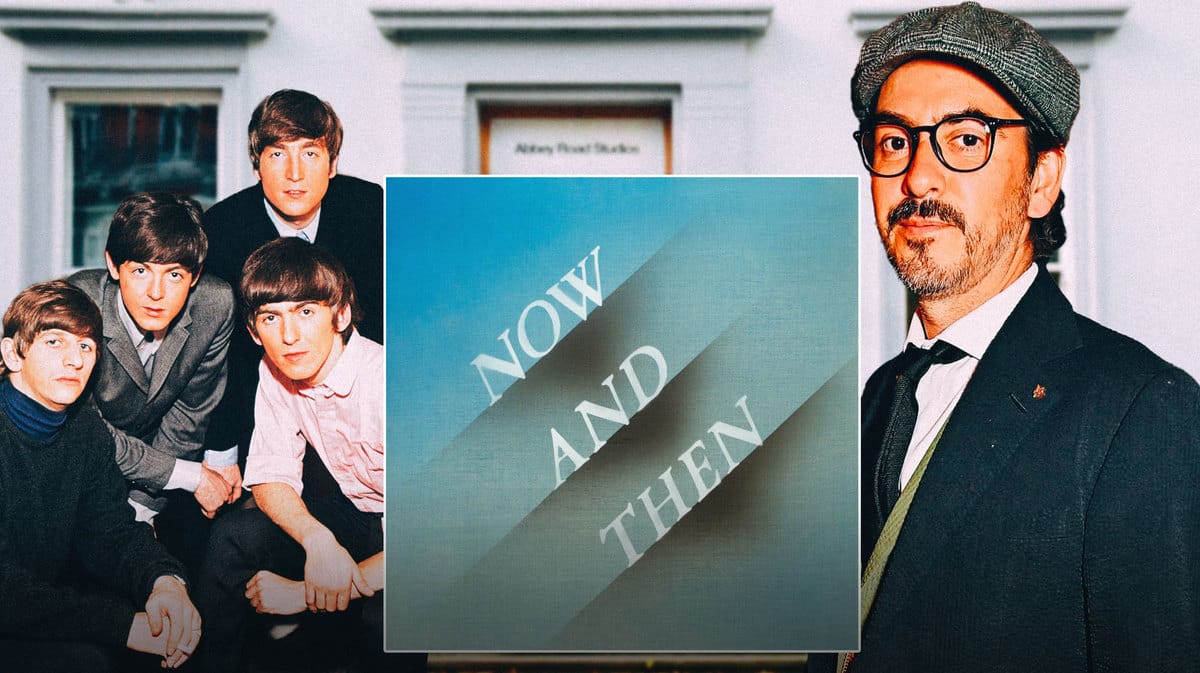 The Beatles (John Lennon, Paul McCartney, Ringo Starr, George Harrison) next to Now and Then single cover and Dhani Harrison. Abbey Road background.