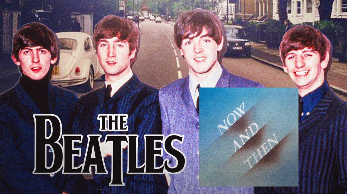 The Beatles (George Harrison, John Lennon, Paul McCartney, Ringo Star) logo and last song cover Now and Then with Abbey Road background.